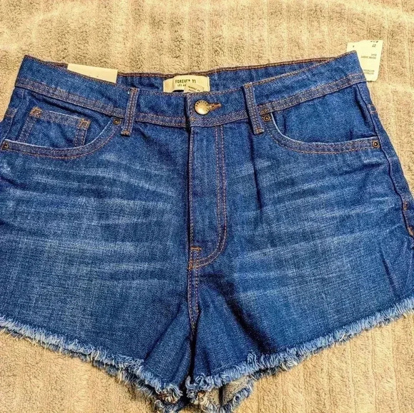 Forever 21 Raw Hem Fringe High Waist Blue Stretch Denim Jean Shorts Size 27 NWT - Picture 3 of 7